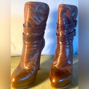 Michael Kors brown leather platform heeled boots, size 8